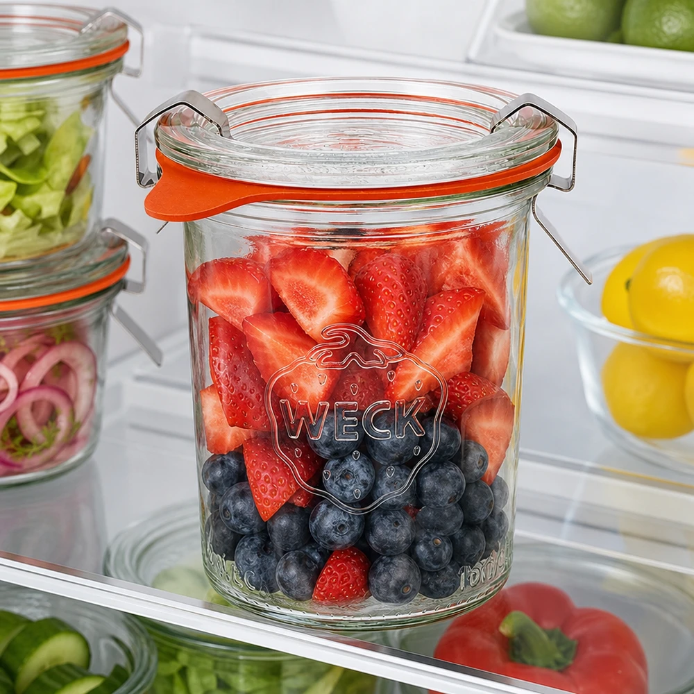 160ml Sturzglas komplett WECK RR60 WECK Sturzglas 160ml RR60 im Kühlschrank mit frischen Beeren gefüllt zeigt optimale Frischhaltung und Aufbewahrung
