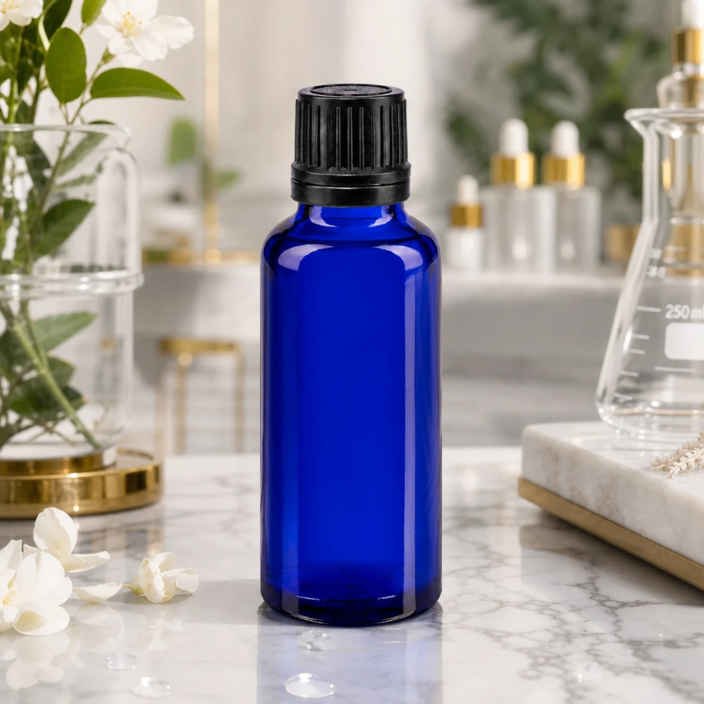 Apothekenflasche blau 30ml Tropfverschluss Giessring 1mm schwarz Originalitätsverschluss Kleine blaue Glasflasche 30ml mit kindersicherem OV-Deckel für ätherische Öle