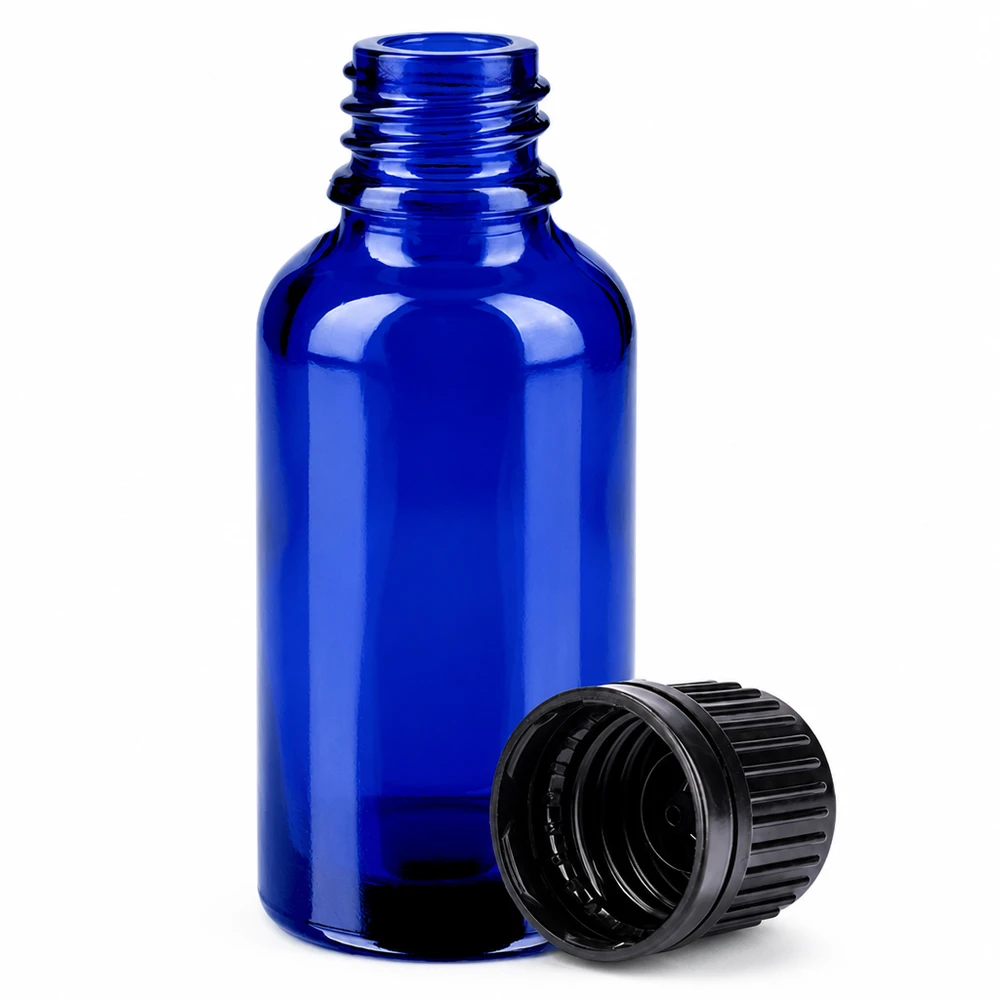 Handliche blaue Glasflasche 30ml mit auslaufsicherem schwarzen Verschluss