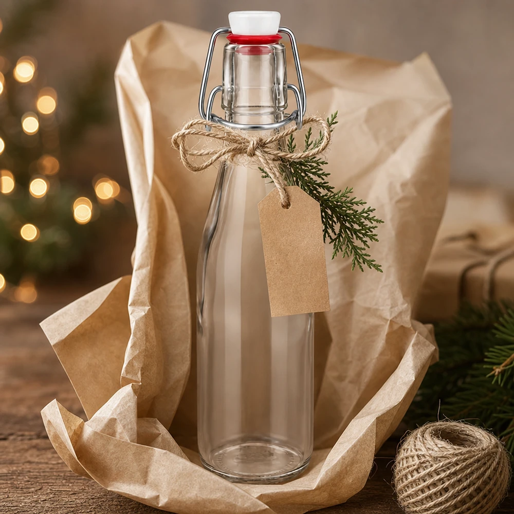250ml Glasflasche und Bügelverschluss Porzellan UNiTWIST 250ml Glasflasche mit Bügelverschluss als Geschenk verpackt mit Juteschnur, Kraftpapier-Anhänger und Tannenzweig