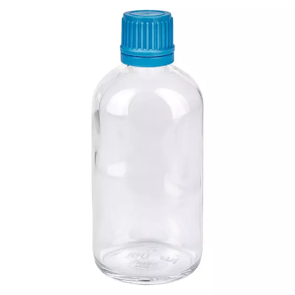 Zylindrische 100ml Klarglasflasche mit blauem Kunststoffdeckel für Pharma und Labor