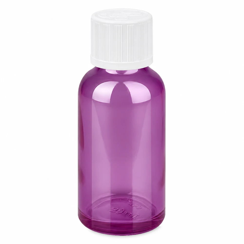30ml Tropfflasche 1.2mm weiß Standard Kindersicher PurpleLine.UT18/30 30ml Tropfflasche aus lila Kunststoff mit weißem Deckel für sichere Aufbewahrung von Essenzen