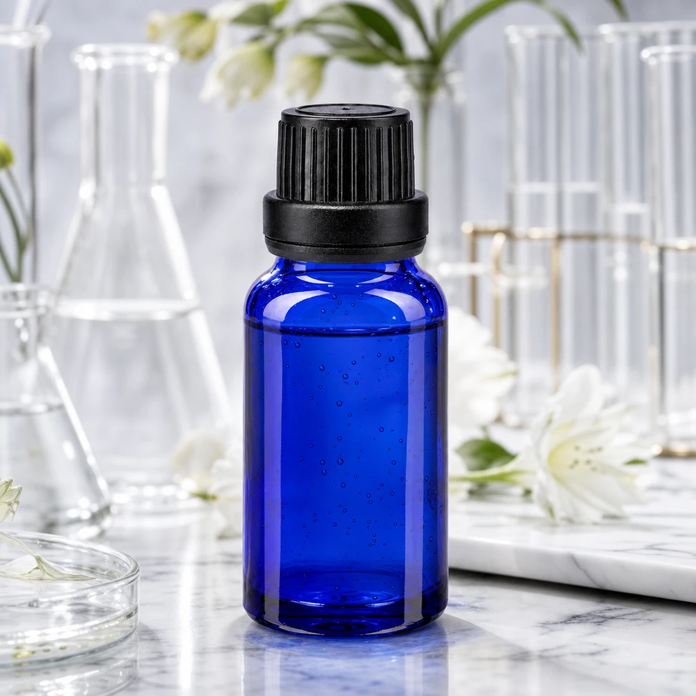 10ml OV-Tropfflasche aus blauem Apothekenglas mit schwarzem Schraubdeckel in professioneller Laborumgebung