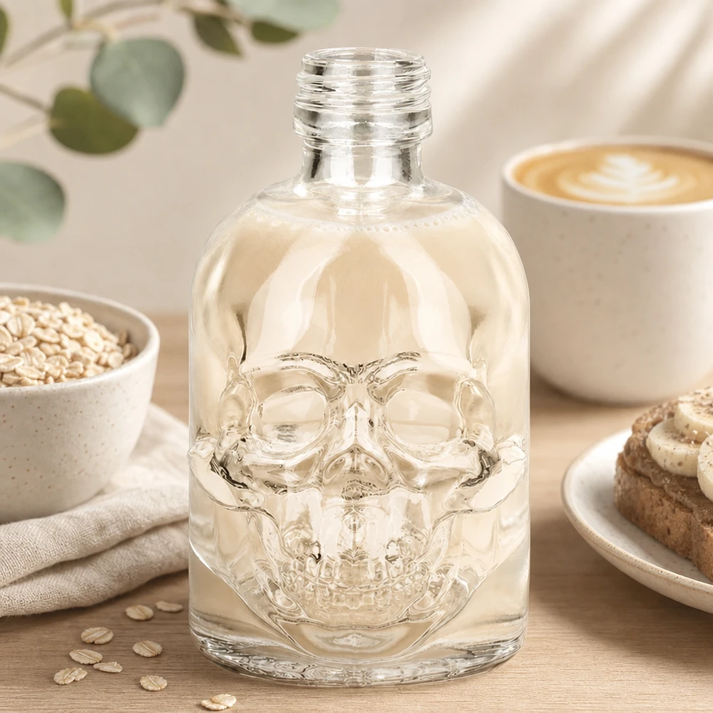 50ml Glasflasche "Hector" ohne Schrauberschluss UNiTWIST Glasflasche Hector 50ml Totenkopf-Design mit hellem Inhalt auf Frühstückstisch zwischen Haferflocken und Kaffee UNiTWIST