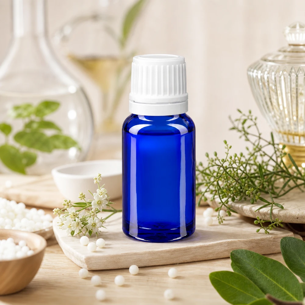 Apothekenflasche blau 10ml Tropfverschluss 1.2mm weiß Originalitätsverschluss Blaue Miniaturglasflasche 10ml mit weißem Tropfverschluss auf Holzuntergrund mit Wildblumen