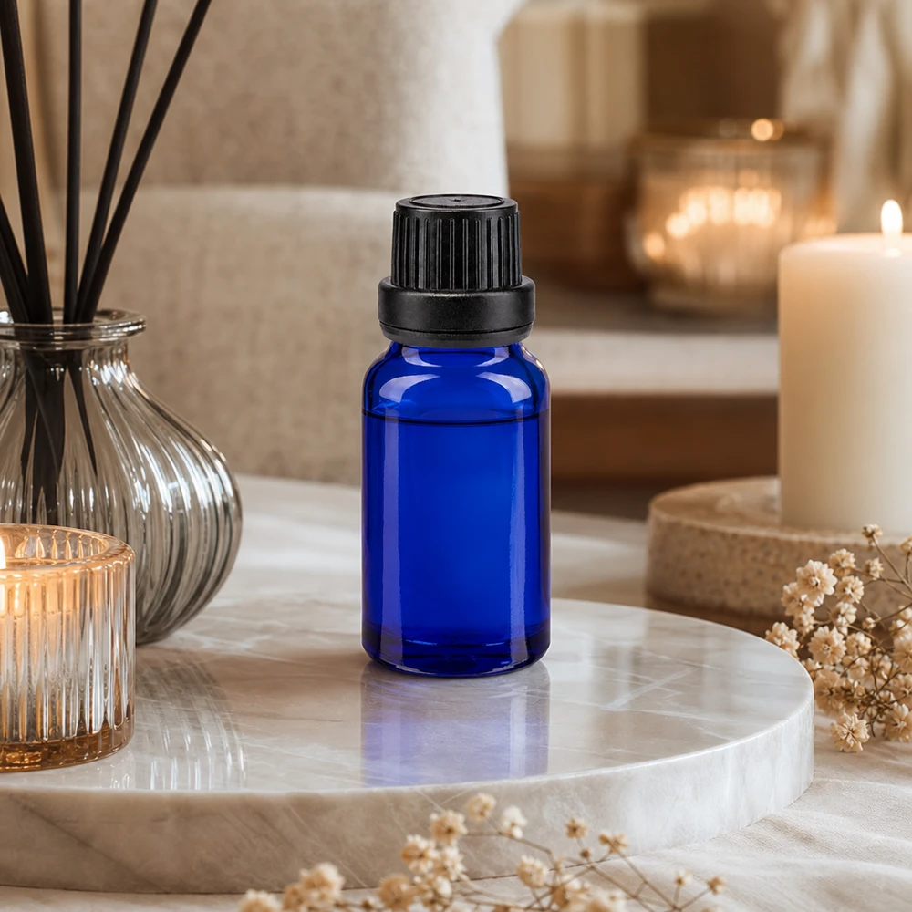 Kompakte blaue Phiole aus Apothekenglas mit 2mm Tropfer für Aromatherapie und Wellness