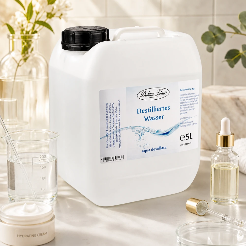 Destilliertes Wasser 5L Doktor-Klaus Professionelles destilliertes Wasser Doktor-Klaus 5 Liter Container in steriler Laborumgebung mit Equipment