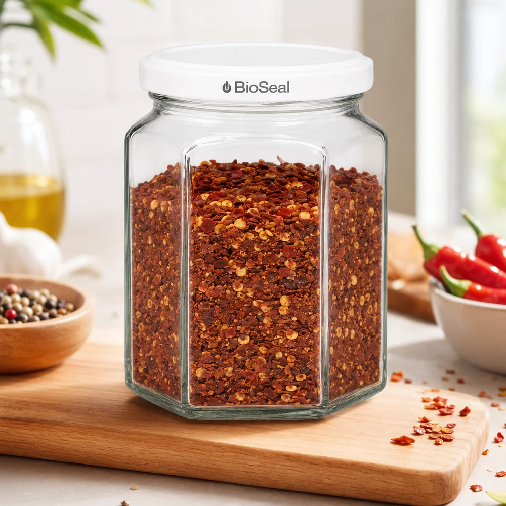UNiTWIST Hexa288 Gewürzglas mit Chilliflocken gefüllt und weißem BioSeal Deckel auf Küchenbrett mit Gewürzen