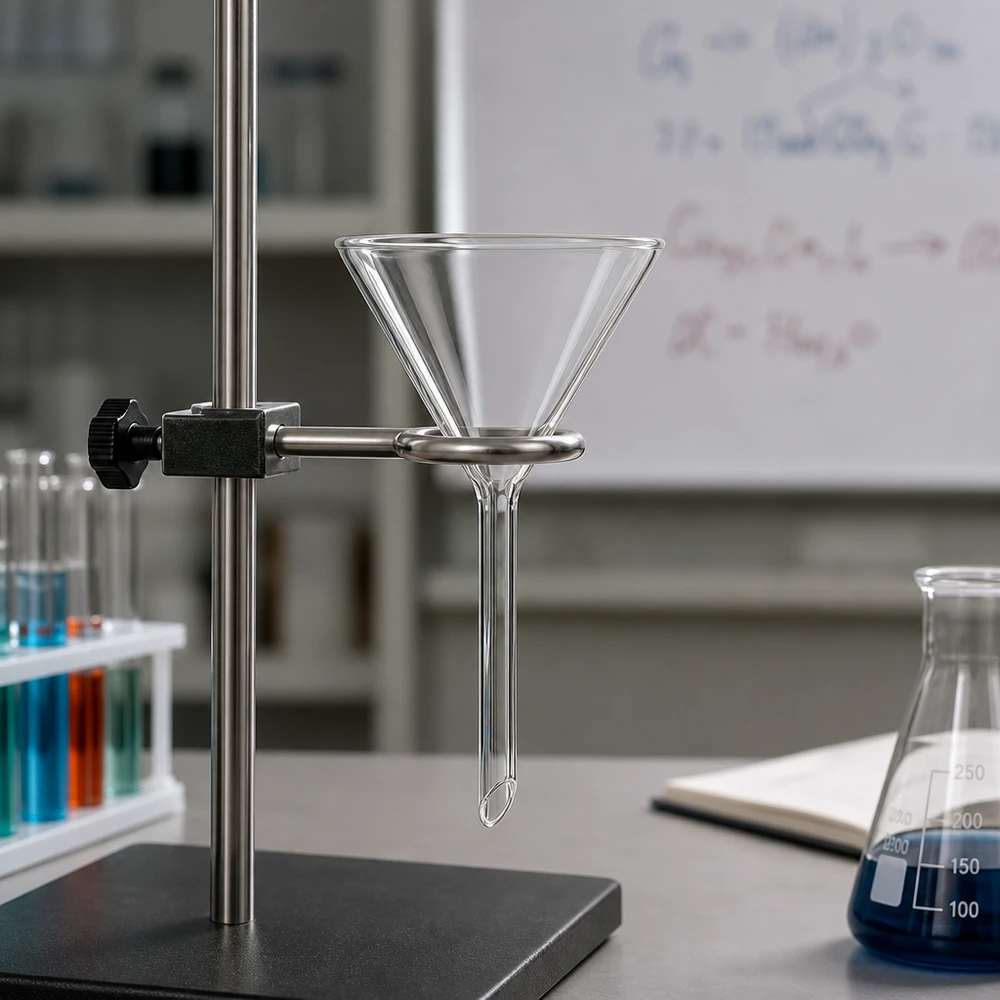 Trichter ø60mm Kalk-Soda, Winkel 60°, Kurzstil Ergonomischer Labortrichter aus Kalk-Soda-Glas mit handlichem Kurzstiel für einfache Bedienung