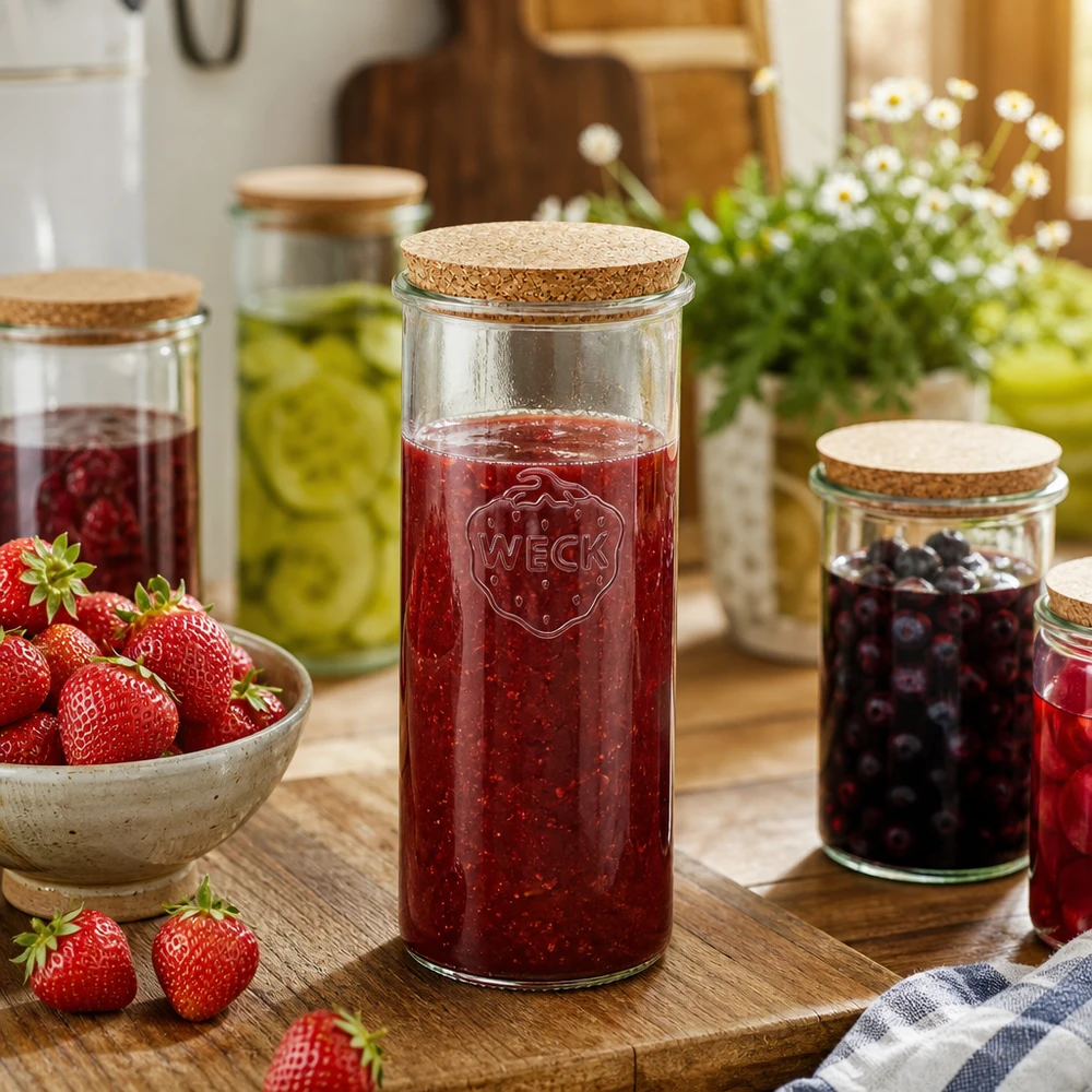 1500ml Sturzglas WECK RR100 mit Korken natur WECK Vorratsglas 1500ml mit Erdbeermarmelade gefüllt Küchenambiente Naturkorken Deckel Einmachglas Anwendung