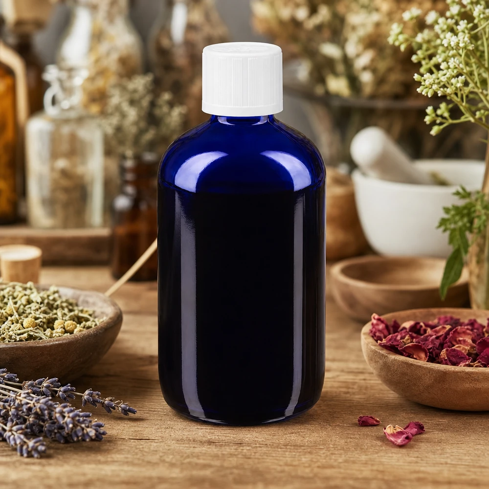 Apothekenflasche blau 100ml Tropfverschluss weiß Kindersicherung Standard Apothekerflasche kobaltblau 100ml mit weißem Schraubdeckel für Kräuterextrakte und Tinkturen