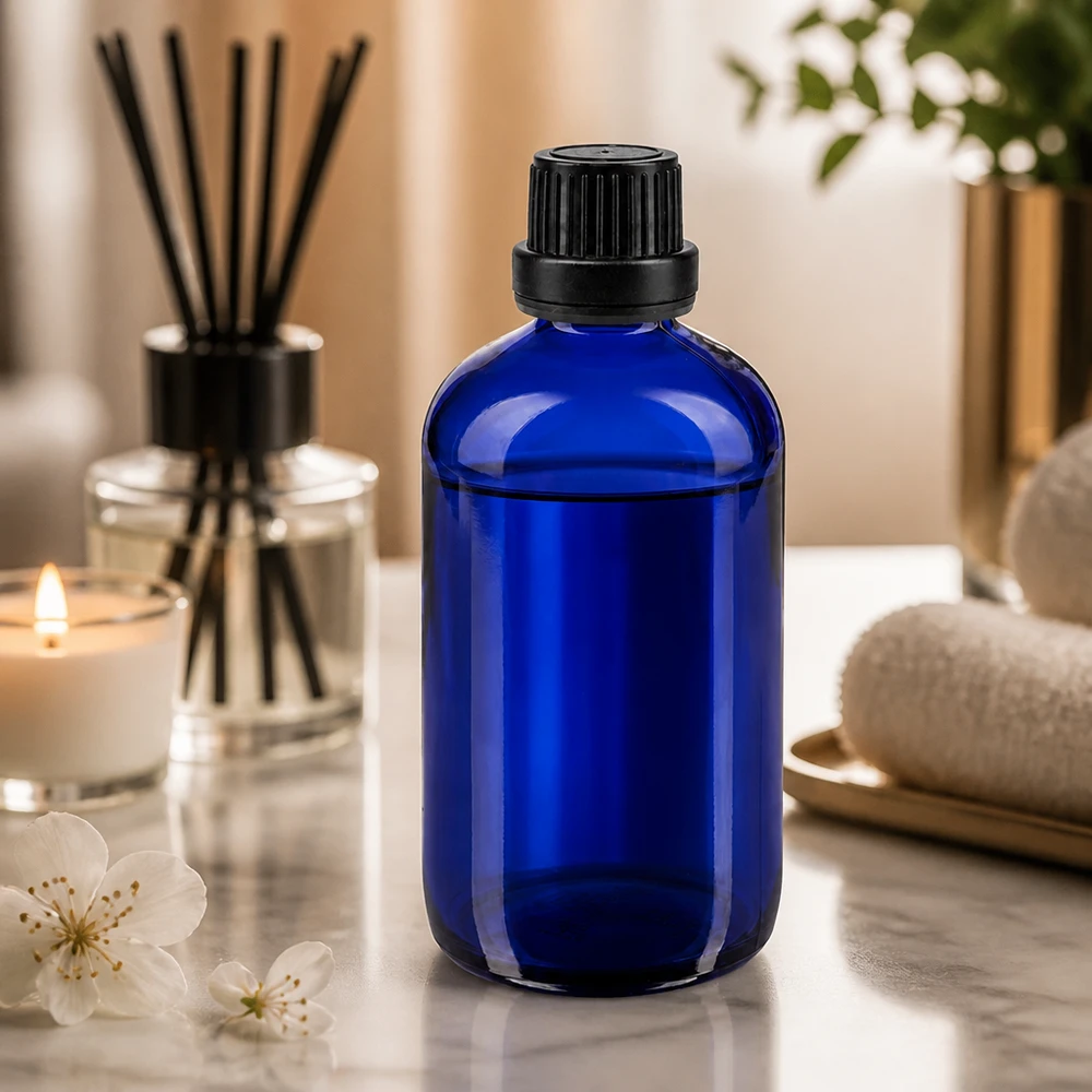 Apothekenflasche blau 100ml Schraubverschluss schwarz Dichteinlage Originalitätsverschluss Spa-Flasche 100ml kobaltblau mit schwarzem Verschluss für Öle und Essenzen