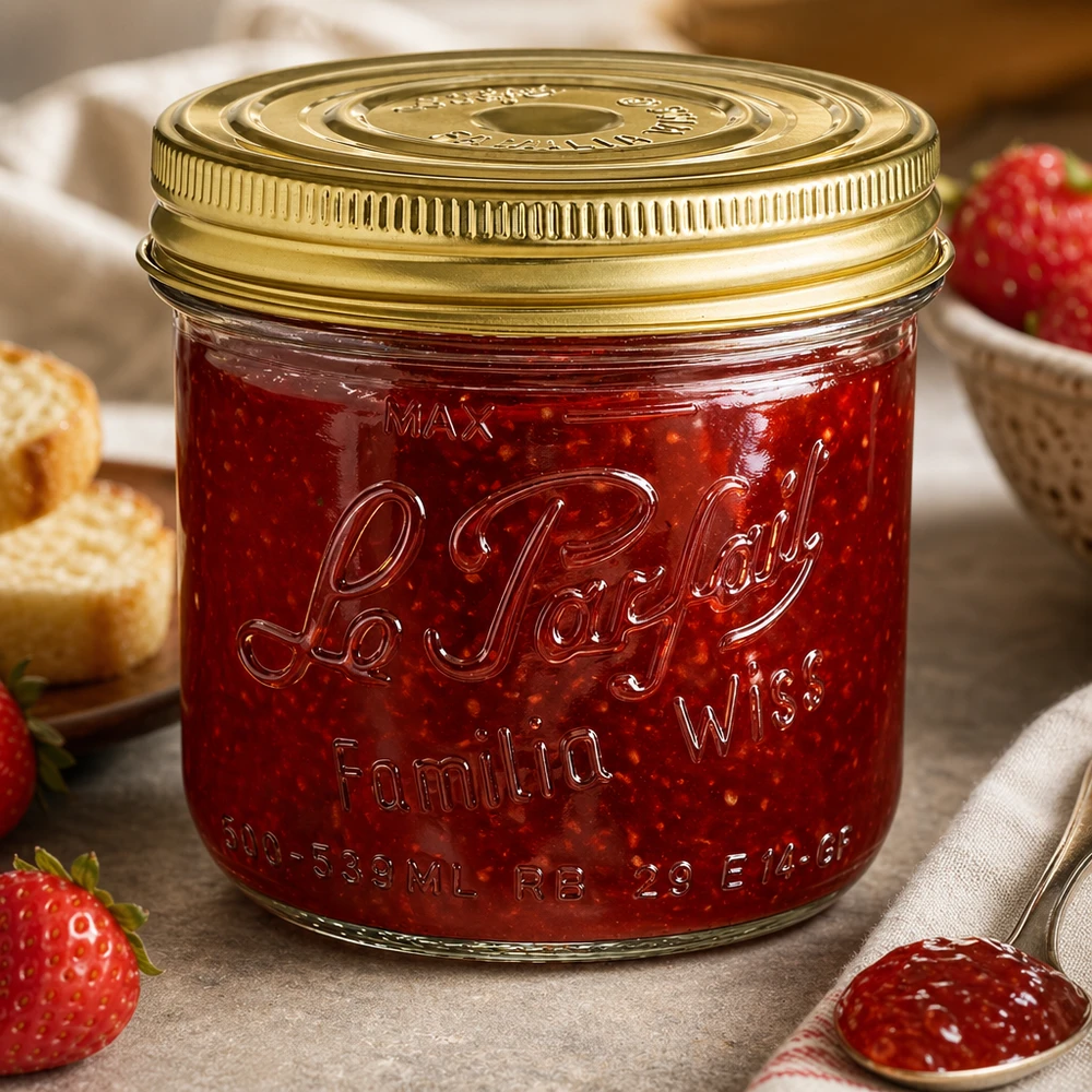 539ml Sturzglas Familia Wiss mit goldenem Deckel gefüllt mit roter Marmelade neben frischen Erdbeeren und Brot
