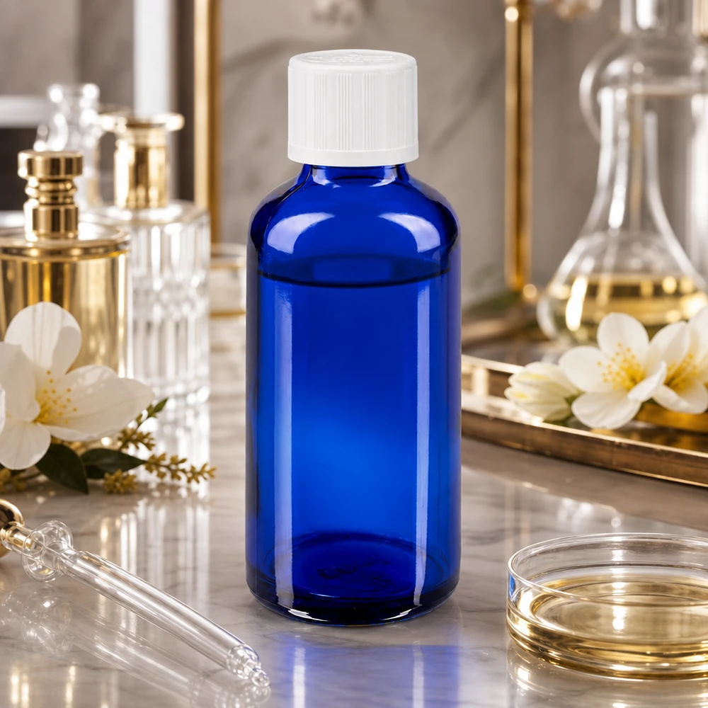 Apothekenflasche blau 50ml Tropfverschluss weiß Kindersicherung Standard Schlanke 50ml Tropfflasche in Kobaltblau mit weißem Schraubdeckel zwischen Parfümflakons und Blüten