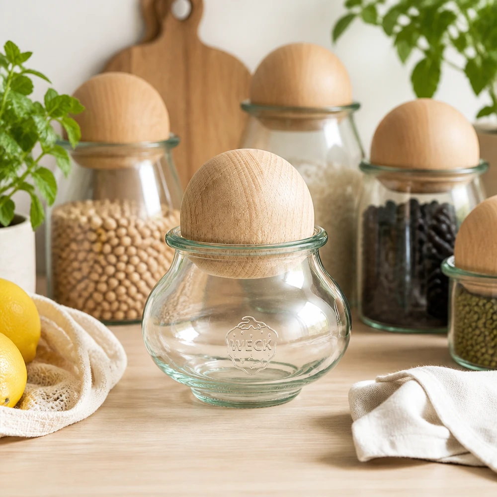 560ml Schmuckglas WECK RR80 mit Holzkugel Buche WECK Schmuckglas 560ml RR80 Buchenkugel Küchenorganisation Vorratsdosen Set Zitronen Getreide Hülsenfrüchte