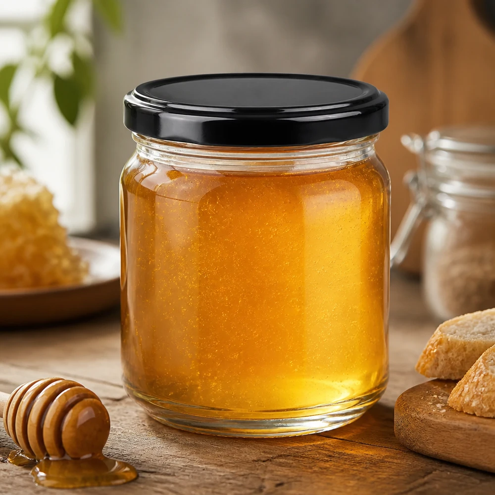 212ml Rundglas mit schwarzem Deckel gefüllt mit goldenem Honig neben Honiglöffel und Waben auf Holztisch