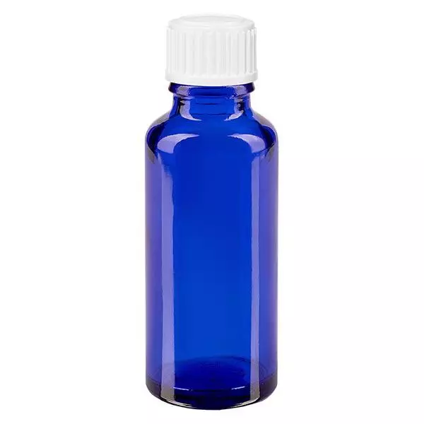 Apothekenflasche blau 30ml Tropfverschluss weiß 0.8mm Standard Apothekenflasche blau 30ml Tropfverschluss weiß 0.8mm Standard