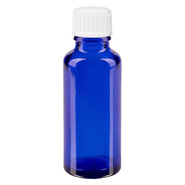 Apothekenflasche blau 30ml Tropfverschluss weiß 0.8mm Standard Apothekenflasche blau 30ml Tropfverschluss weiß 0.8mm Standard