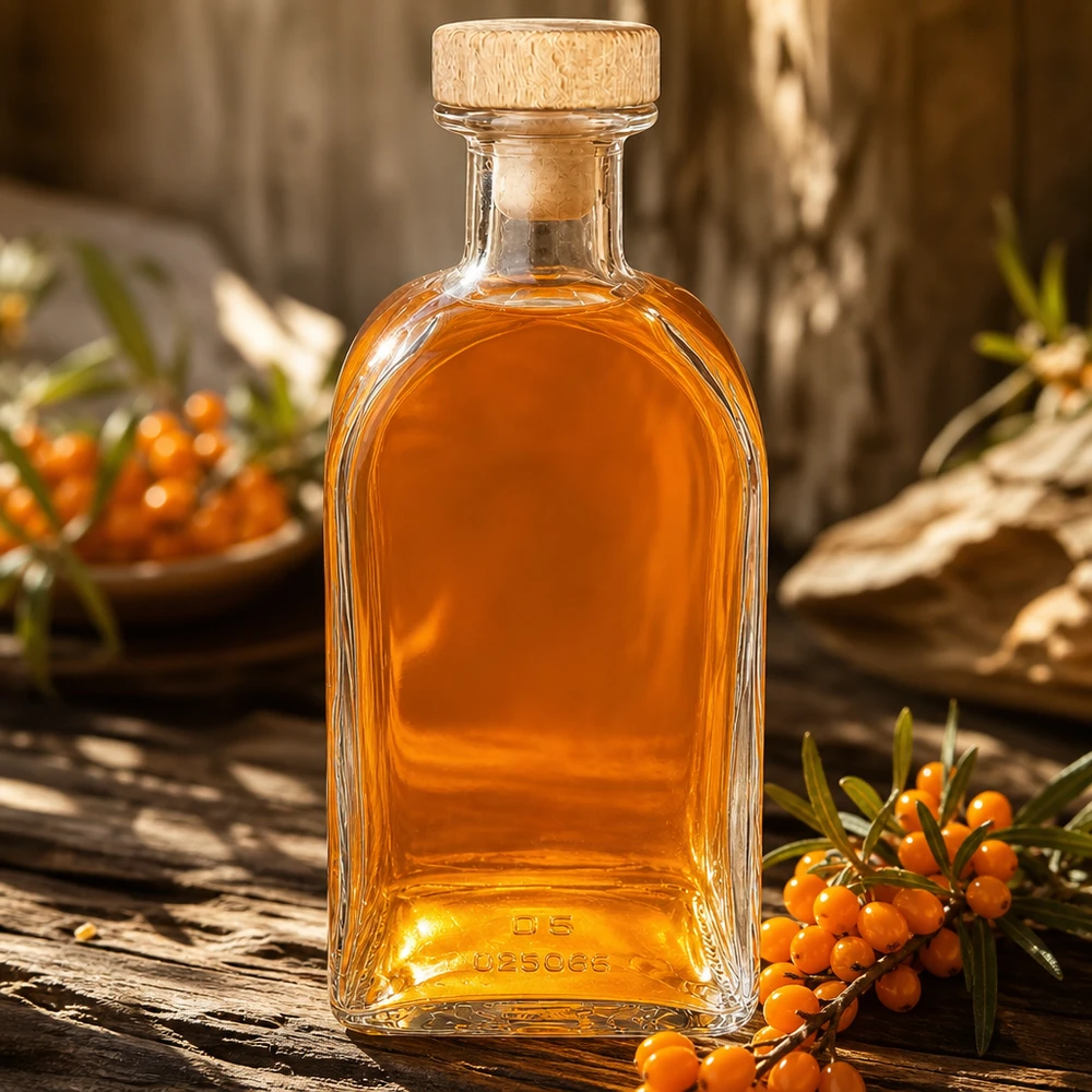 500ml Glasflasche "Julia" mit Holzgriff-Korken UNiTWIST 500ml Glasflasche Julia mit Holzkorken gefüllt mit bernsteinfarbener Flüssigkeit auf Holztisch mit Sanddornbeeren