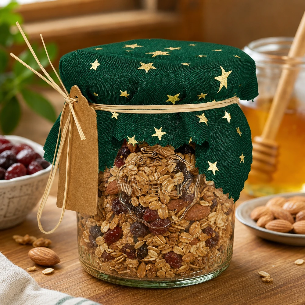 Stoff Schmuckdeckchen grün "Sterne" 12cm eckig Grünes Sterne-Schmuckdeckchen 12cm eckig auf Müsli-Glas mit Nüssen, dekorative Küchenaufbewahrung mit Naturbast