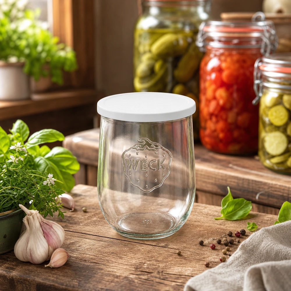 1062ml Tulpenglas mit Frischedeckel WECK RR100 WECK Tulpenglas 1062ml in Küche mit eingelegtem Gemüse und frischen Kräutern dekorativ arrangiert