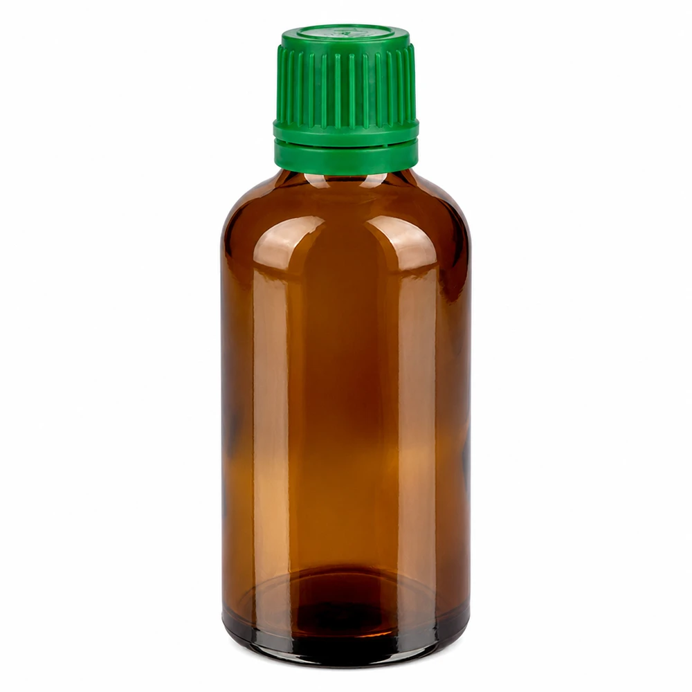 Hochwertige 50ml Glasflasche in Braun mit sicherem grünen Verschlusssystem