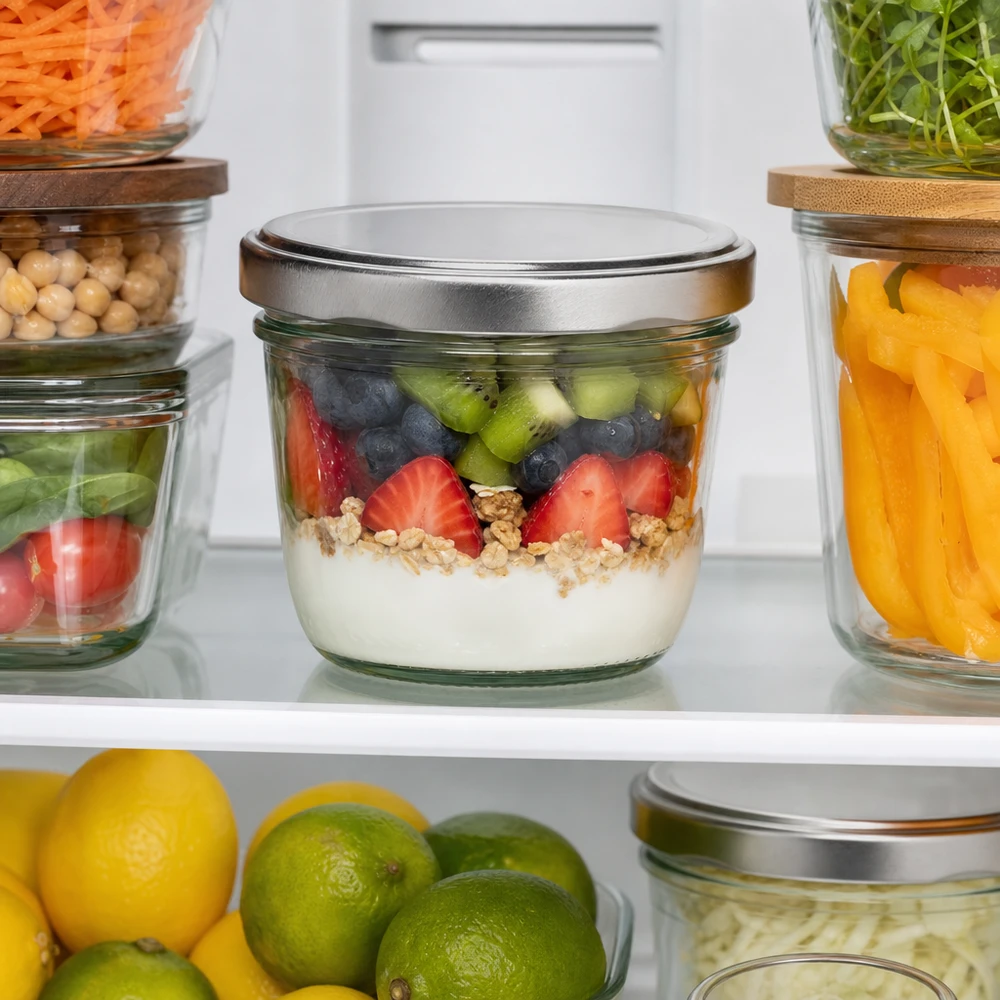 230ml Sturzglas mit silber BasicSeal Deckel im Kühlschrank mit Meal Prep Vorratshaltung organisiert praktisch