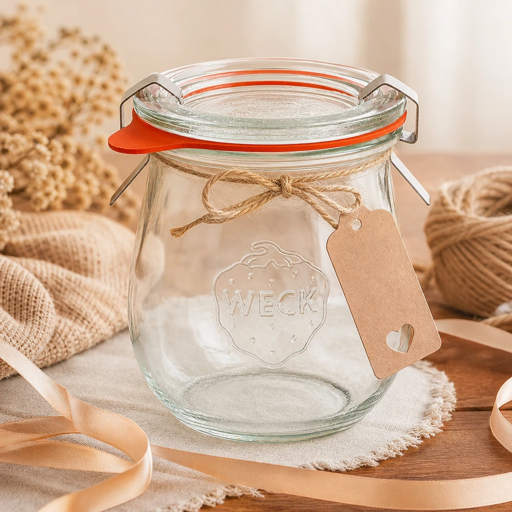 WECK Tulpenglas 220ml RR60 mit Geschenkanhänger und Jute-Schleife dekorativ arrangiert auf Leinenserviette