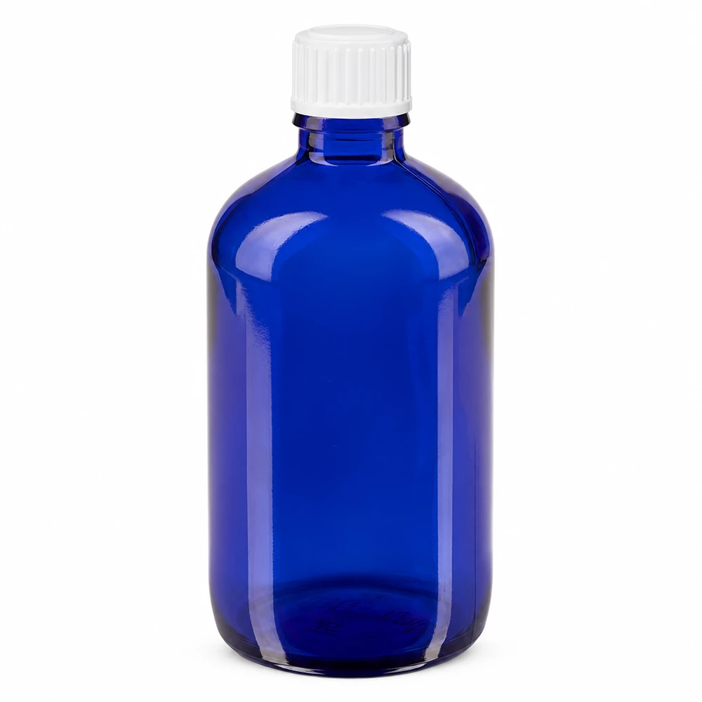 Lichtschutzflasche 100ml blau mit weißem Tropfverschluss ideal für Öle und Tinkturen