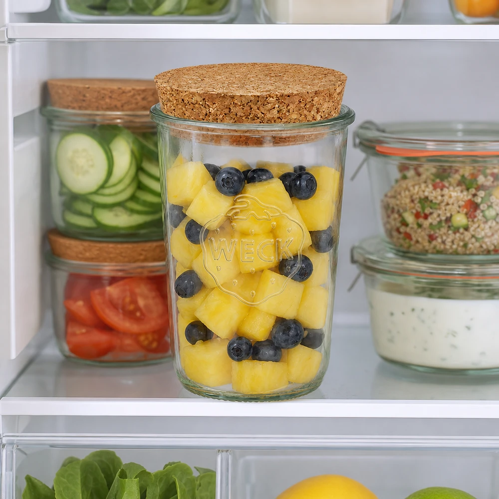 WECK Sturzglas 850ml RR100 mit Korken im Kühlschrank gefüllt mit Ananas und Blaubeeren neben anderen Vorratsgläsern