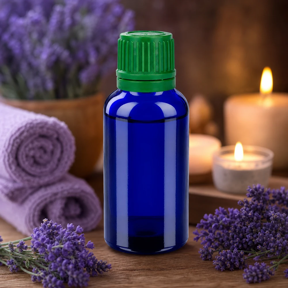 30ml Flasche 11mm Schraubverschluss grün Originalitätsverschluss BlueLine UT18/30 Kleine 30ml Flasche aus blauem Glas mit grünem Deckel für mobile Anwendungen