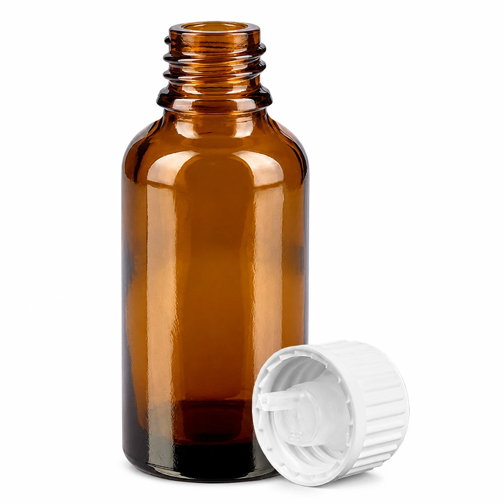 30ml Tropfflasche 0.9mm weiß Standardverschluss BrownLine UT18/30 Lichtgeschützte 30ml Tropferflasche aus Braunglas mit weißem Schraubverschluss