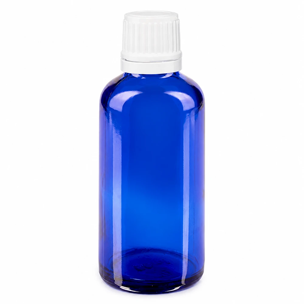 Apothekenflasche blau 50ml Schraubverschluss weiß Originalitätsverschluss Pharmazeutische 50ml Tropfflasche blau mit weißem OV Verschluss aus hochwertigem Glas