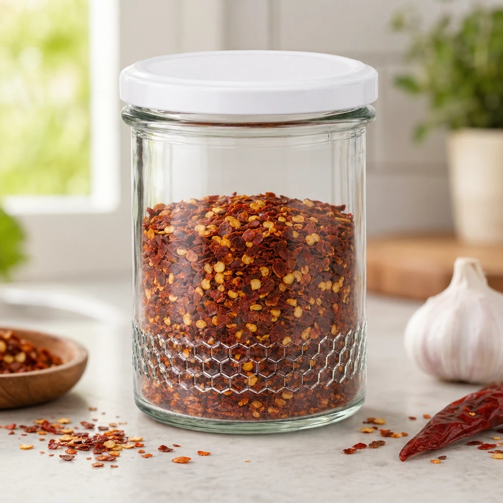 560g Honigglas + BasicSeal Deckel weiß UNiTWIST 400ml Honigglas mit weißem Deckel als Gewürzglas für Chiliflocken Küchenaufbewahrung Wabenmuster am Glasboden