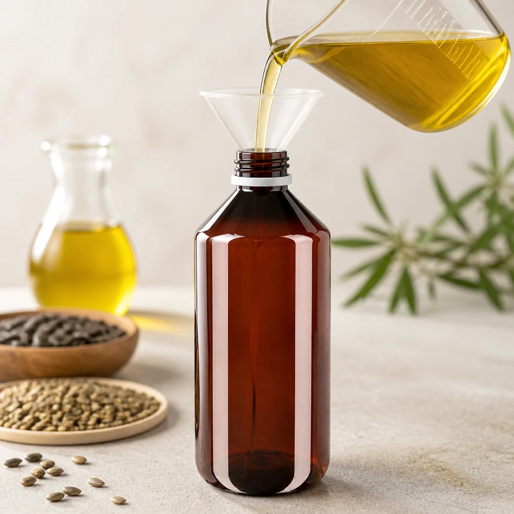 PET Flasche 1000ml mit weißem Originalitätsverschluss geriffelt Lichtschutz PET Flasche 1000ml in Braun mit OV-Verschluss geeignet für empfindliche Öle