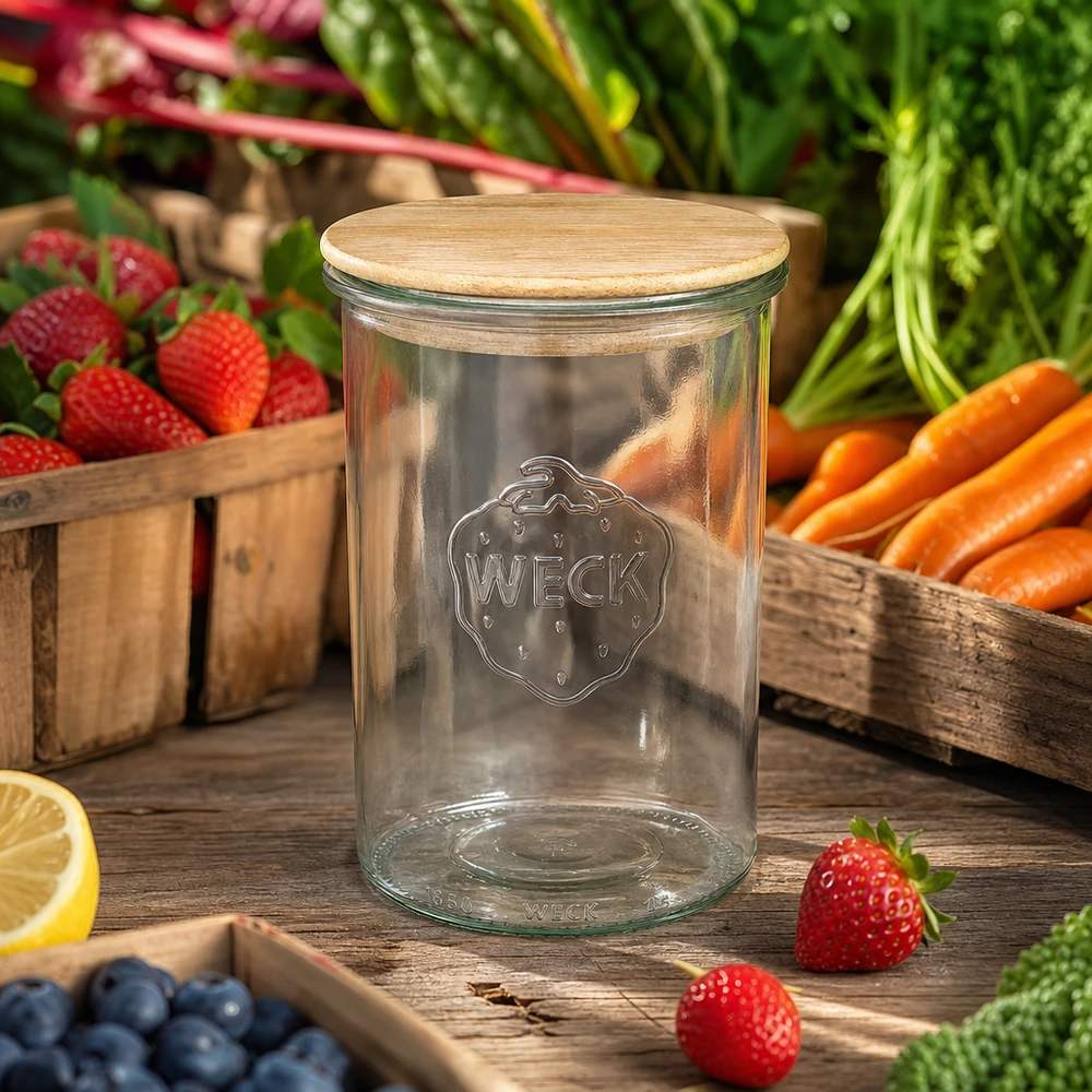 1000ml Sturzglas WECK RR100 mit Holzdeckel WECK Sturzglas 1000ml RR100 mit Eichenholzdeckel zwischen frischem Obst und Gemüse auf Holztisch Küchenambiente