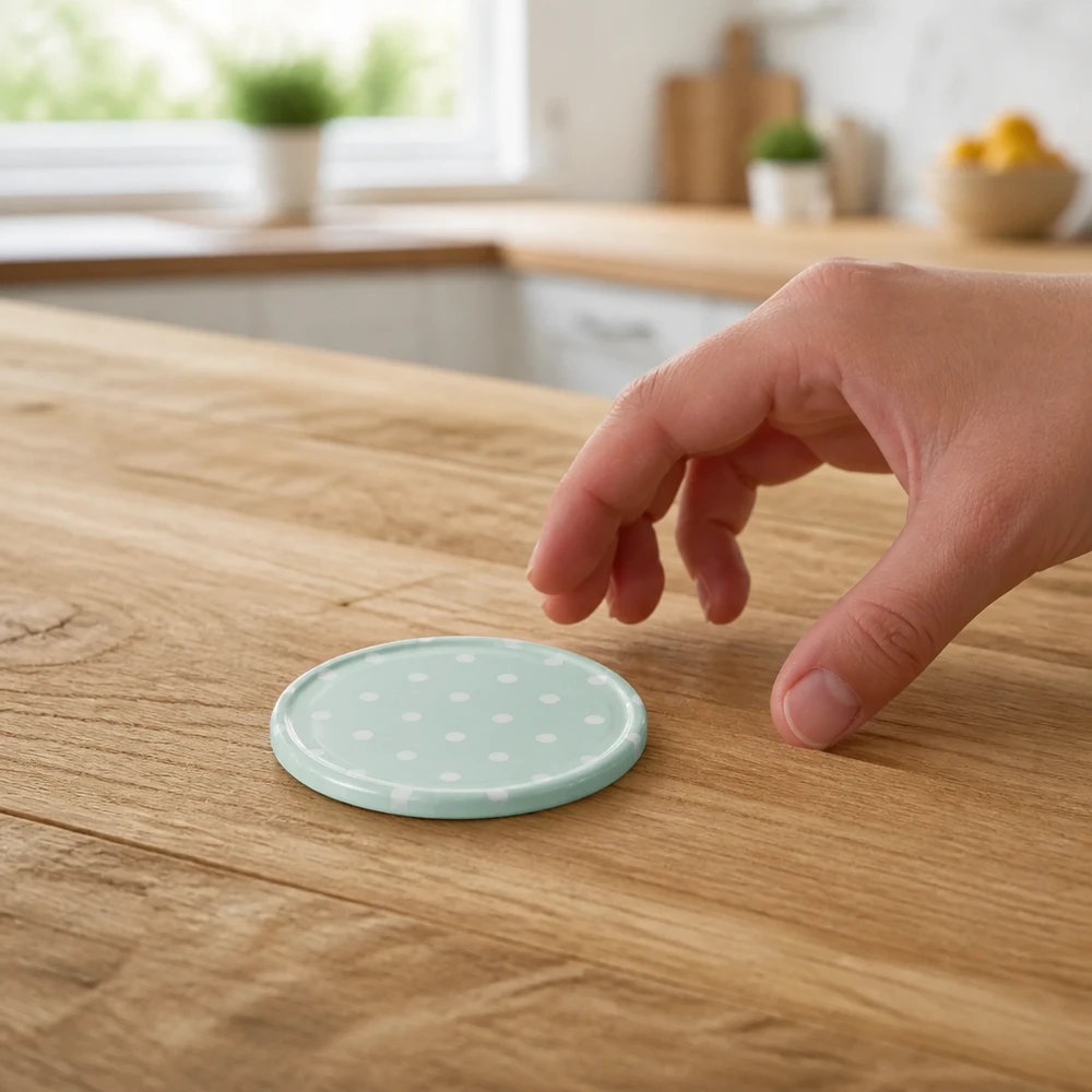 BasicSeal TO63 Konservendeckel mintgrün mit Pünktchendesign griffbereit auf Holzoberfläche