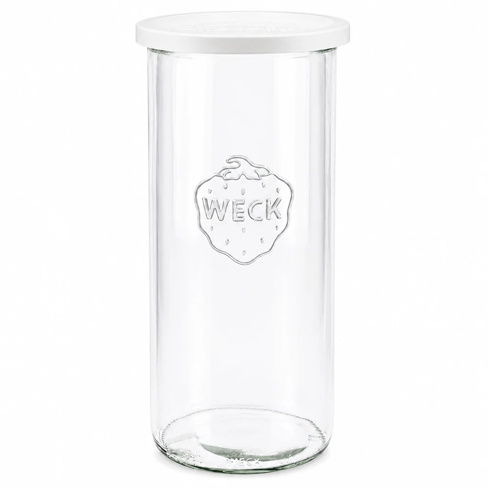 1500ml Sturzglas mit Frischedeckel WECK RR100 WECK Einmachglas 1500ml RR100 transparent mit weißem Deckel frontal fotografiert zeigt eingraviertes Markenlogo