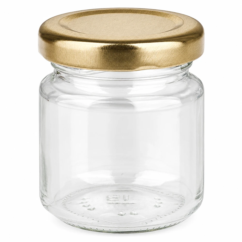 53 ml Rundglas 48er-Set mit Deckel (Deckelfarbe: gold) – UNiTWIST Leeres 53ml Portionsglas mit breitem goldenem Metalldeckel aus dem UNiTWIST-Set
