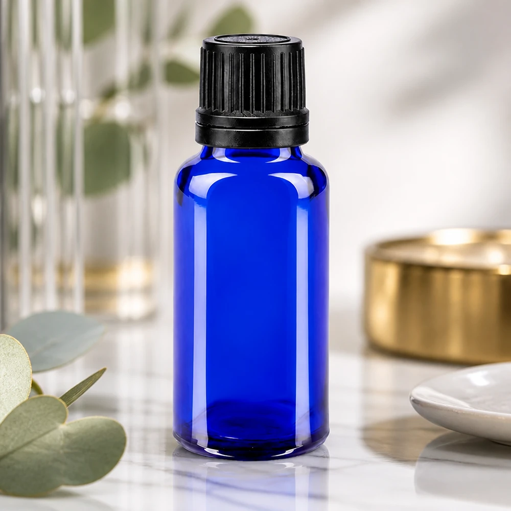 Apothekenflasche blau 20ml Tropfverschluss weiß 0.8mm Standard Hochwertige 20ml Tropfflasche in Blau aus ApoGlas mit geripptem schwarzen Schraubdeckel