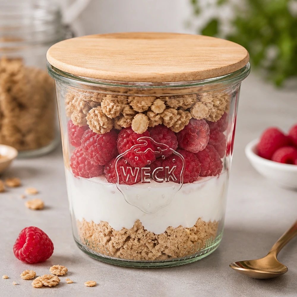 290ml Sturzglas hoch WECK RR80 mit Holzdeckel WECK Sturzglas 290ml RR80 mit Holzdeckel als Dessertglas mit Joghurt Himbeeren und Müsli in Küche