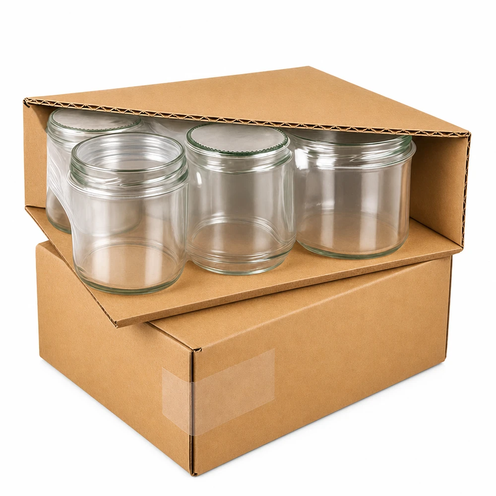 Professionelle Verpackung von 1062ml Rundgläsern mit mintgrünen Herz-Deckeln in stabilen Kartons für sicheren Versand