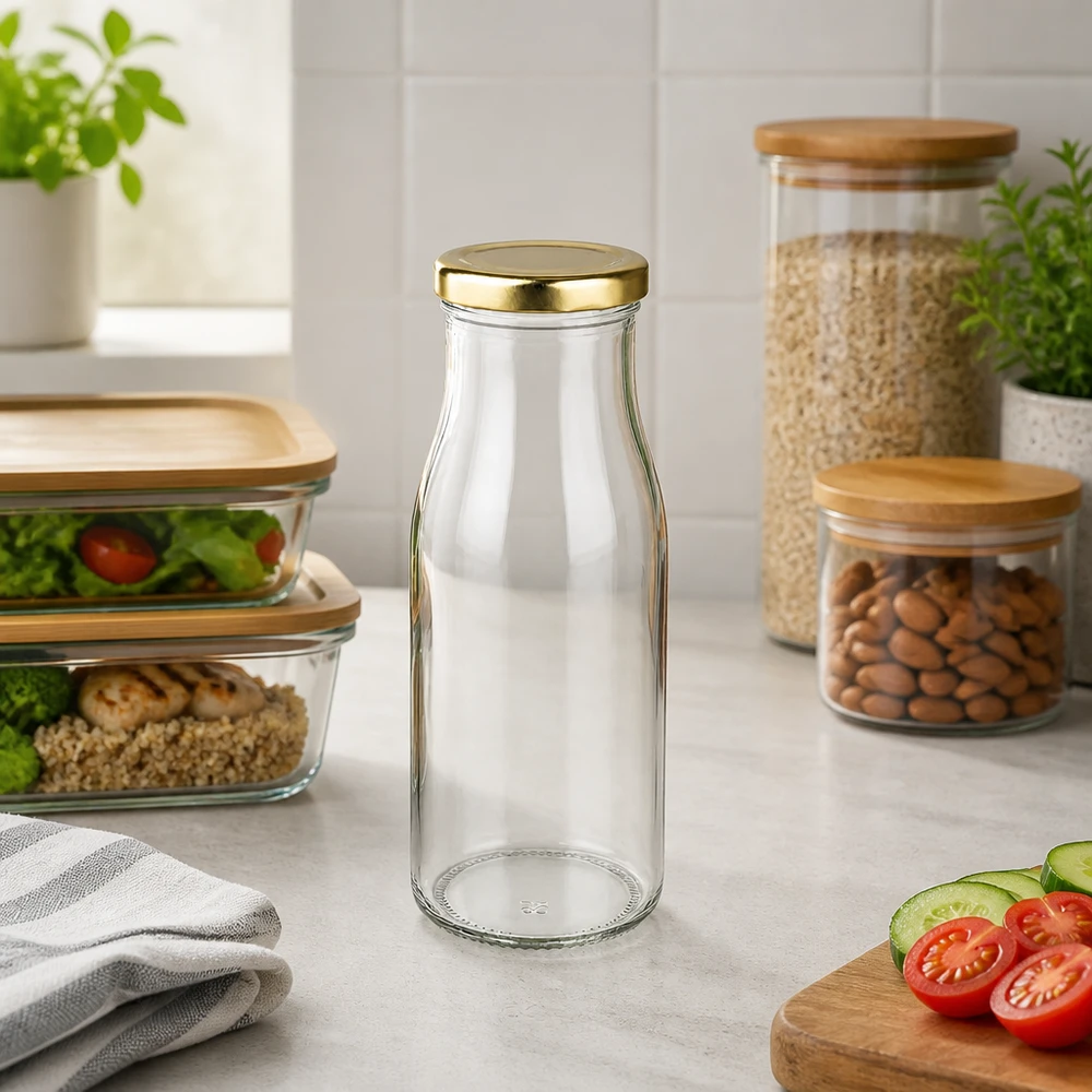 Transparente 150ml Glasflasche mit goldenem Schraubdeckel zwischen frischem Gemüse und Kräutern