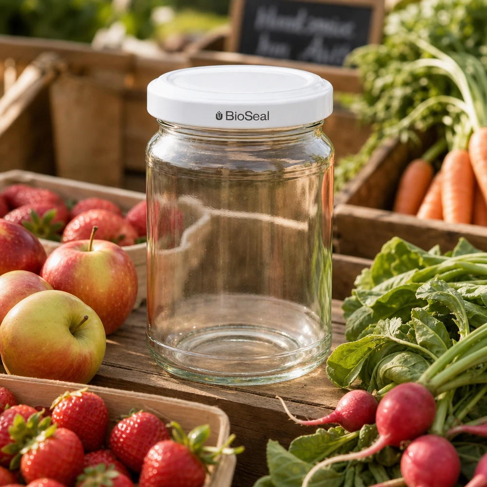 UNiTWIST Runda205 Einmachglas mit weißem TO58 BioSeal Deckel zwischen frischem Obst und Gemüse am Marktstand