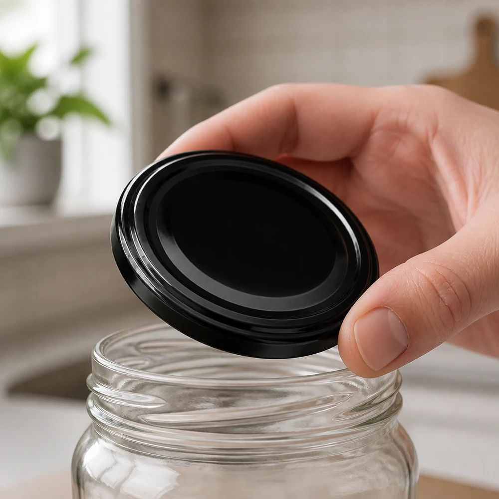 63mm BioSeal Deckel schwarz (TO63) UNiTWIST Schwarzer UNiTWIST BioSeal Deckel TO63 BPA-NI auf Rundglas mit Schraubgewinde unitemp