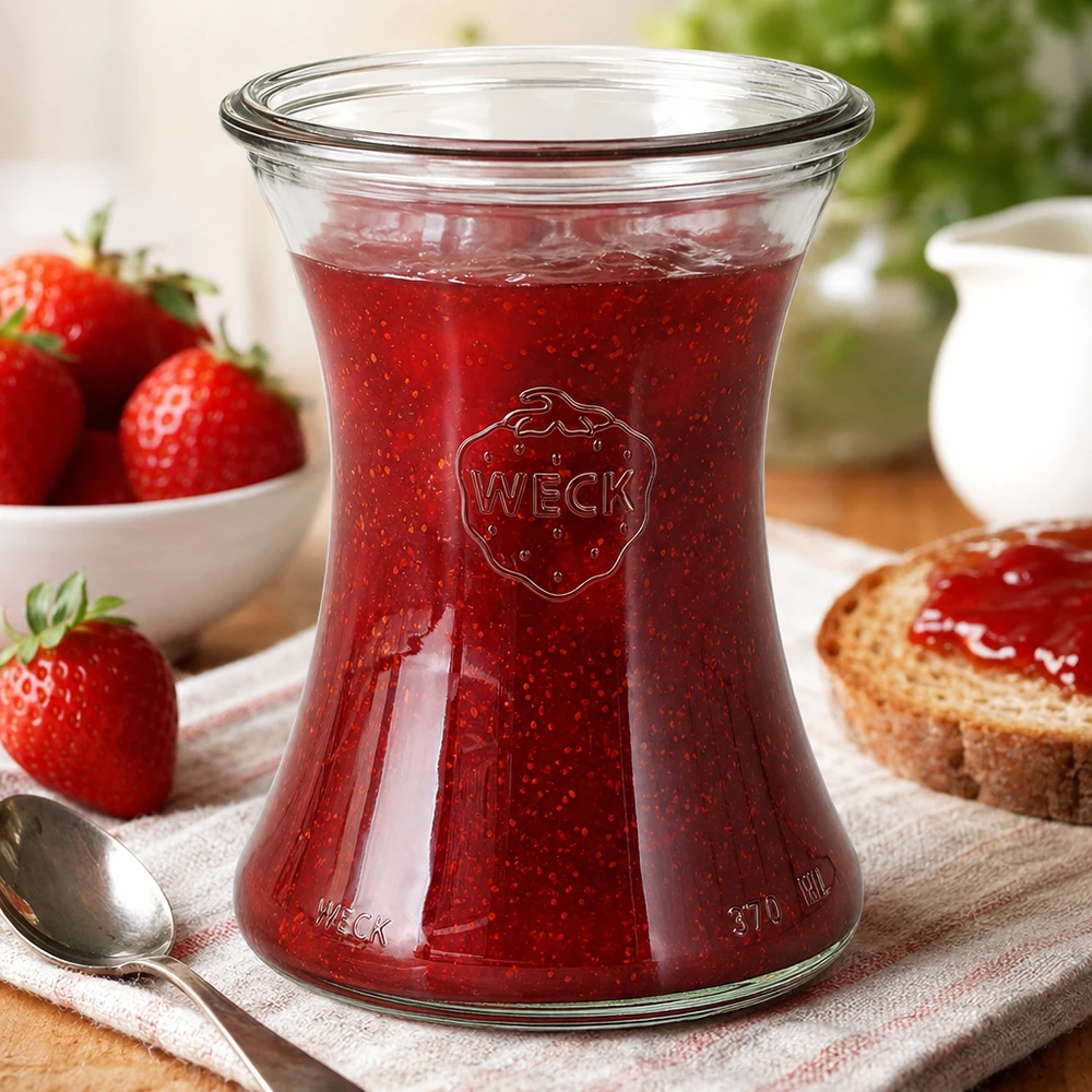 370ml Delikatessenglas WECK RR80 WECK Delikatessenglas 370ml RR80 mit roter Erdbeermarmelade gefüllt in gemütlichem Frühstückssetting mit Toast