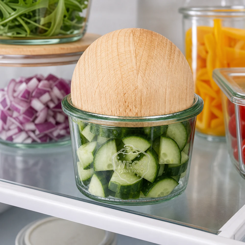 80ml Sturzglas WECK RR60 mit Holzkugel Buche WECK Sturzglas 80ml RR60 mit Buchenholzkugel-Deckel im Kühlschrank mit geschnittenen Gurken zur Frischhaltung
