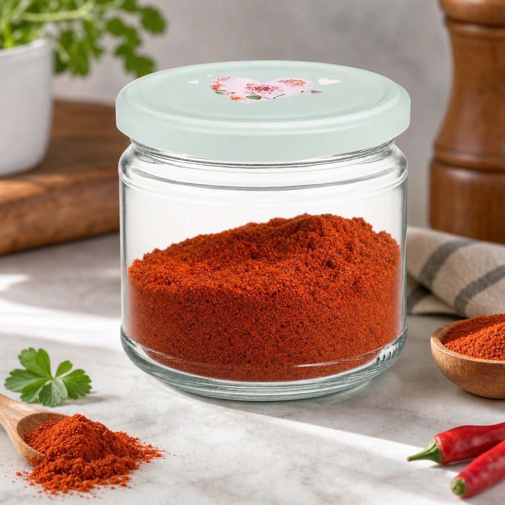 330ml Rundglas gefüllt mit rotem Paprikapulver BasicSeal Deckel Herzmotiv mint Gewürzglas Vorratsglas Küche