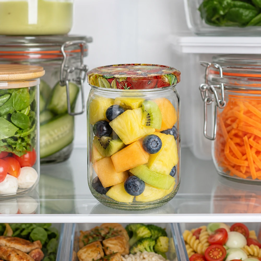 555ml Rundglas + BasicSeal Deckel Obst-Dekor UNiTWIST UNiTWIST BasicSeal Glas 555ml Obstdekor Deckel perfekt für gesunde Snacks und Meal Prep