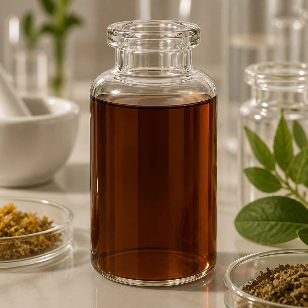 Injektionsflasche Klarglas 30ml Injektionsflasche Klarglas 30ml mit dunkelbraunem Pflanzenextrakt in botanischer Laborszene